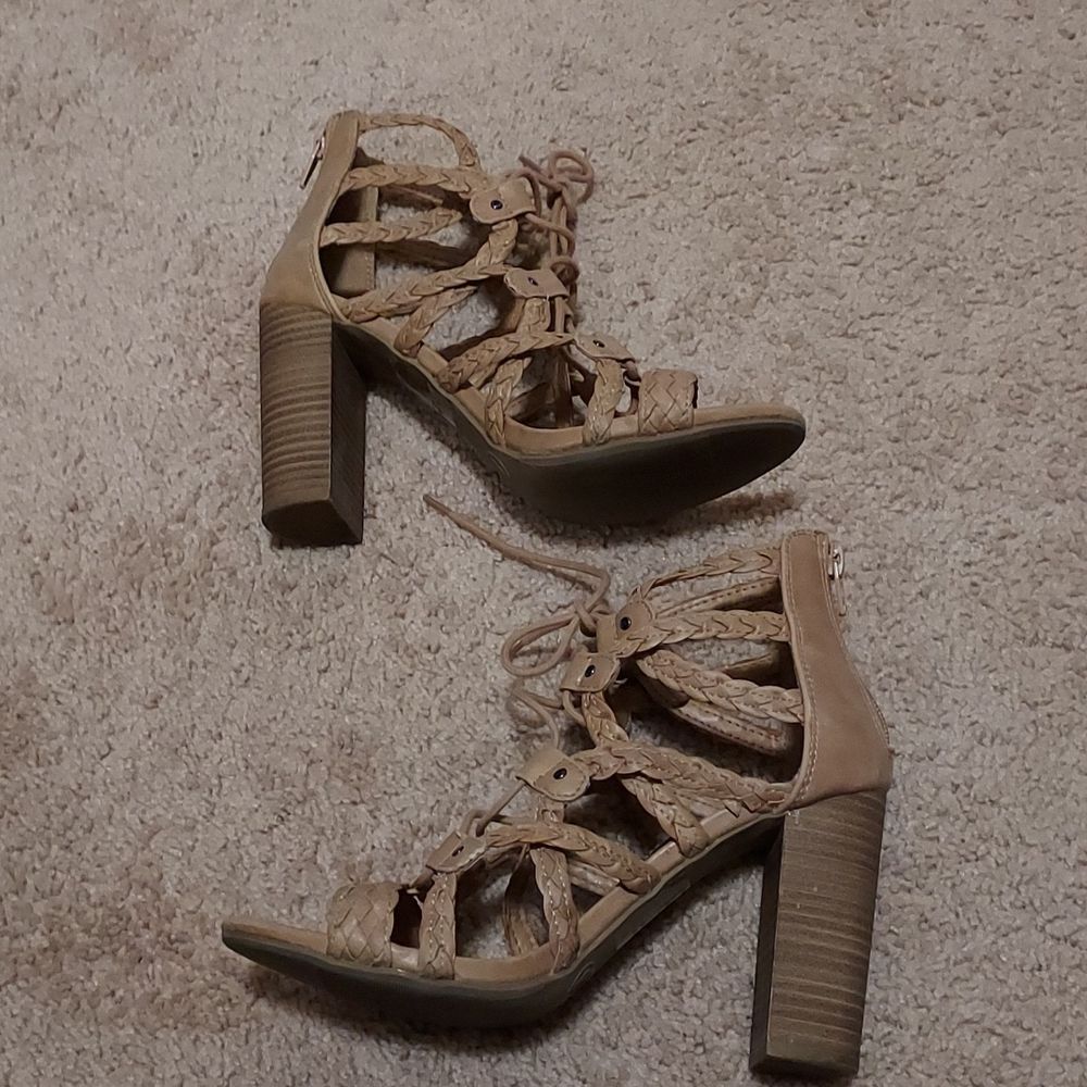 Merona Tan Braided Lace-Up Block Heel Sandals